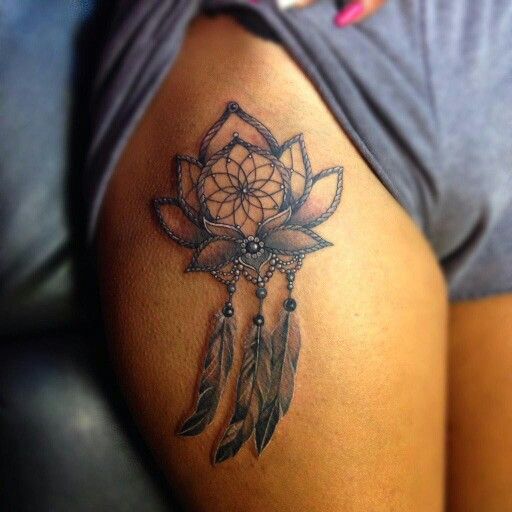 Unique Black And Grey Lotus Dreamcatcher Tattoo On Right Thigh By DeeDeeBean