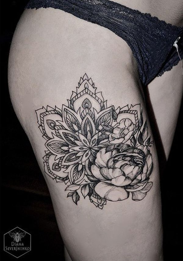 Unique Black Ink Mandala Flower Tattoo On Right Side Thigh
