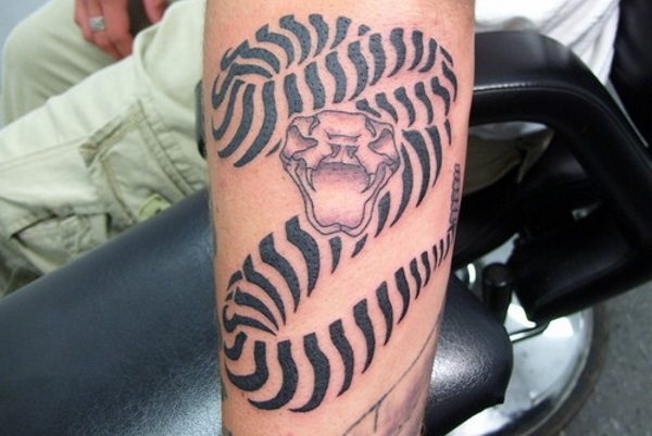 Unique Black Ink Rattlesnake Tattoo Design For Leg
