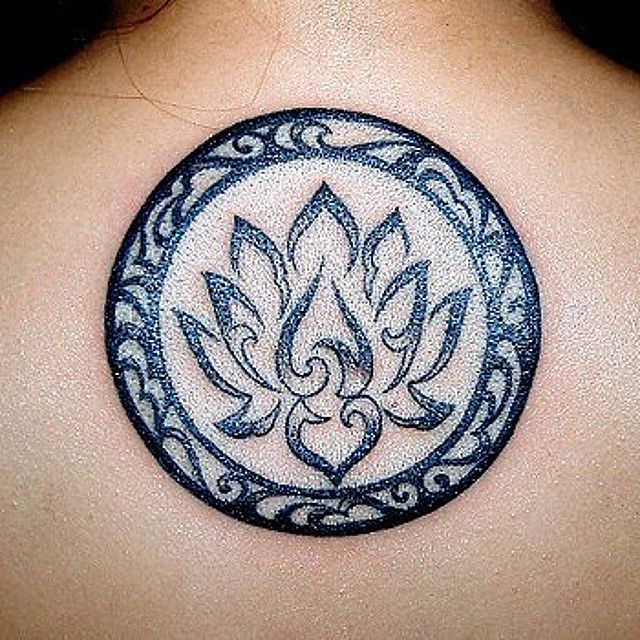 Unique Black Ink Tribal Lotus Tattoo Design For Men Upper Back