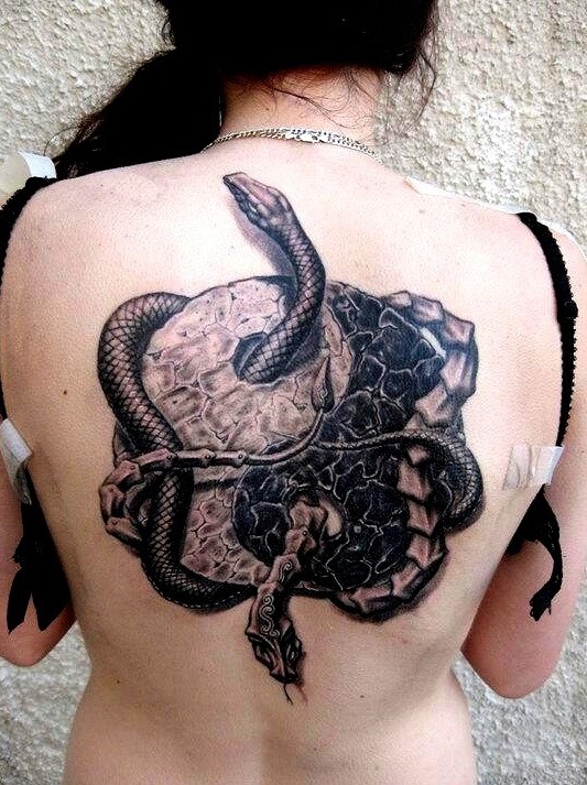 Unique Black Ink Two Snake In Yin Yang Tattoo On Women Upper Back