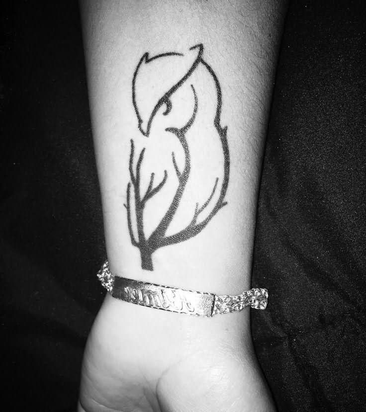 Unique Black Outline Owl Tattoo On Left Wrist