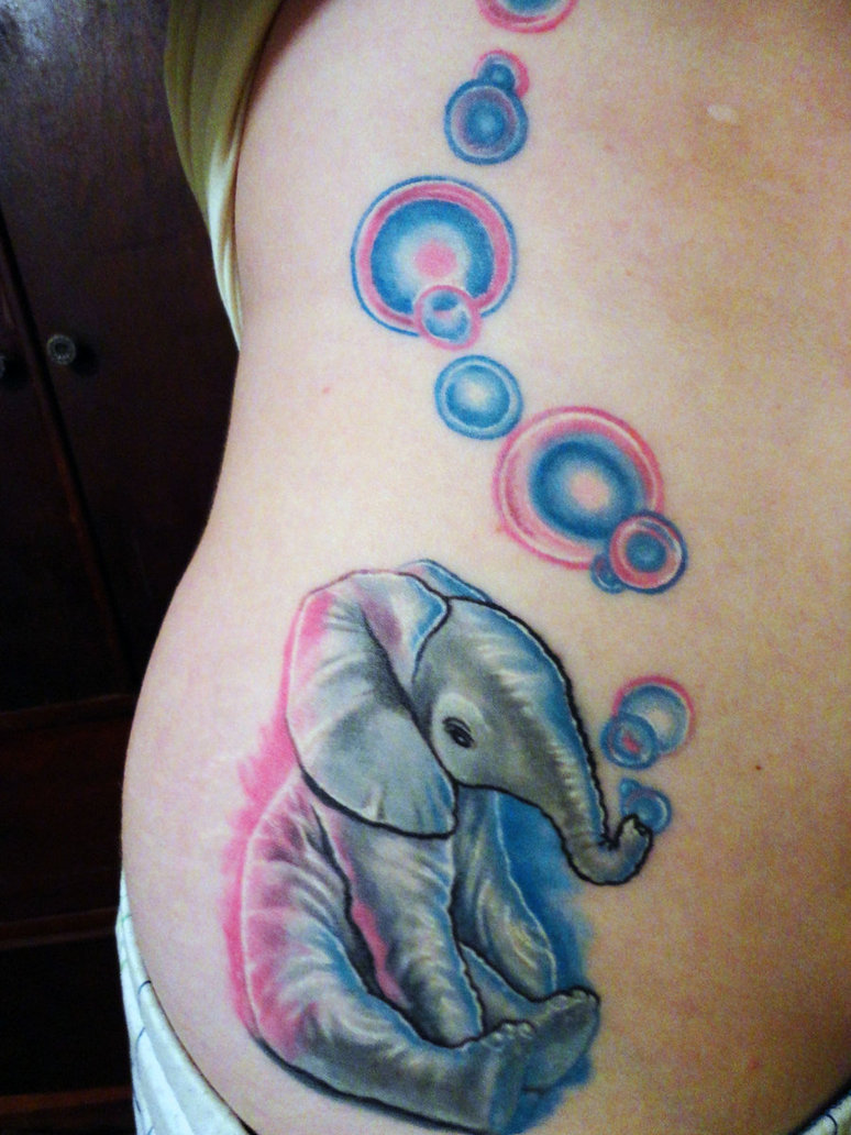 Unique Colorful Baby Elephant Tattoo On Right Side Rib