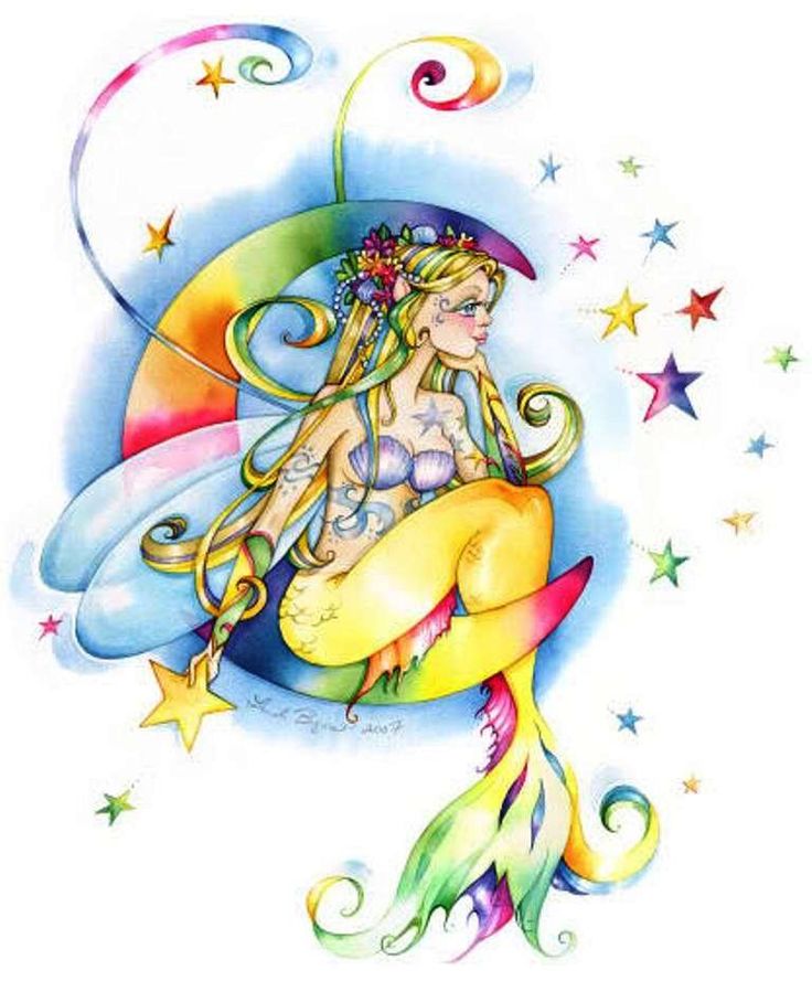 Unique Colorful Fairy On Half Moon With Stars Tattoo Design By Linda Biggs
