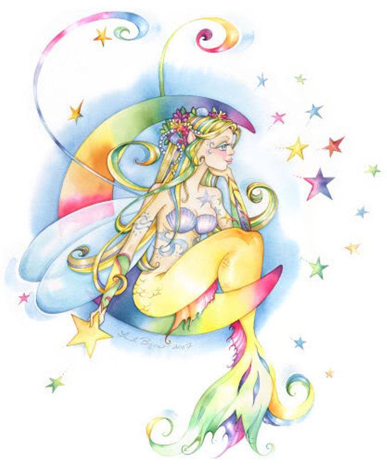Unique Colorful Fairy On Half Moon With Stars Tattoo Design