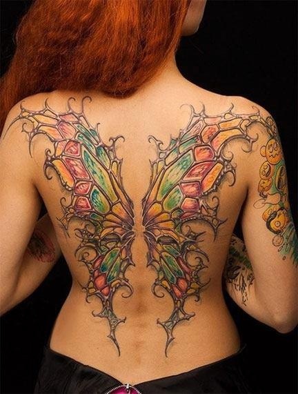 Unique Colorful Fairy Wings Tattoo On Full Back