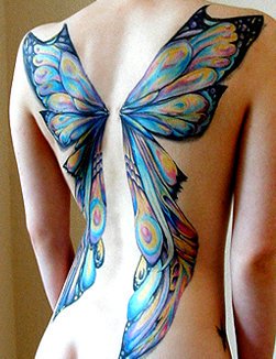 Unique Colorful Fairy Wings Tattoo On Girl Full Back