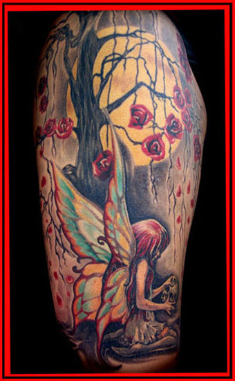 Unique Colorful Fairy With Roses Tattoo Design For Half Sleeve