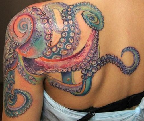 Unique Colorful Octopus Tattoo On Girl Left Back Shoulder