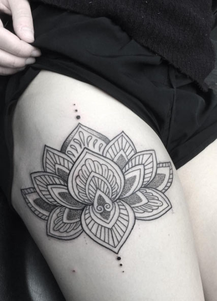 Unique Dotwork Lotus Flower Tattoo On Girl Right Side Thigh By Poppy