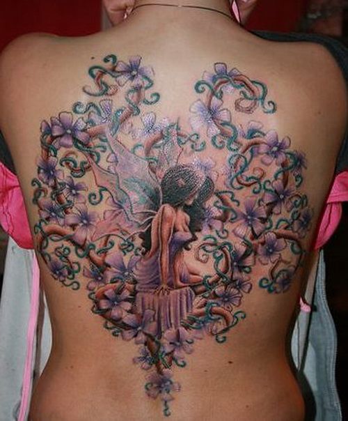 Unique Fairy With Flowers Tattoo On Full Back