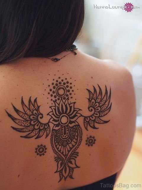 Unique Henna Lotus Flower Tattoo On Girl Upper Back