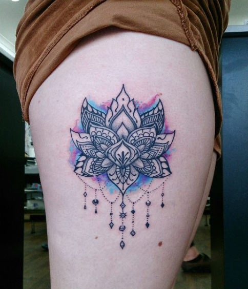 Unique Lotus Flower Tattoo On Right Side Thigh