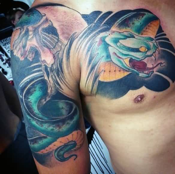 Unique Snake Tattoo On Man Right Half Sleeve And Front Shoulder