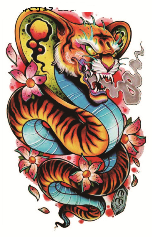 Unique Tiger Head Snake With Flowers Tattoo Design