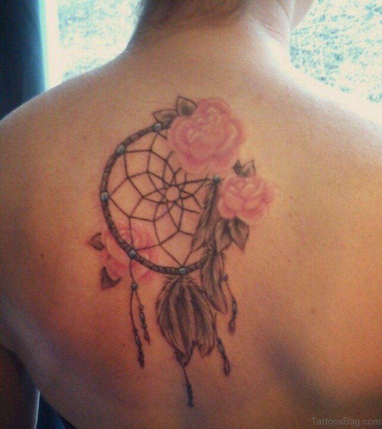 Upper Back Pink Roses Dreamcatcher Tattoo
