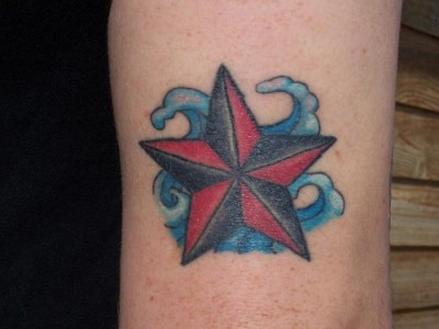 Water Splash And Nautical Star Tattoo On Bicep