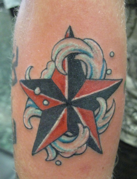 Water Splash And Nautical Star Tattoo On Leg