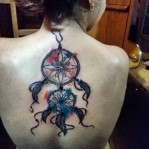 Watercolor Colorful Dreamcatcher Tattoo On Full Back