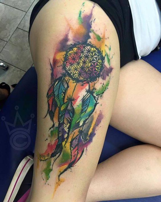 Watercolor Dreamcatcher Tattoo On Right Thigh