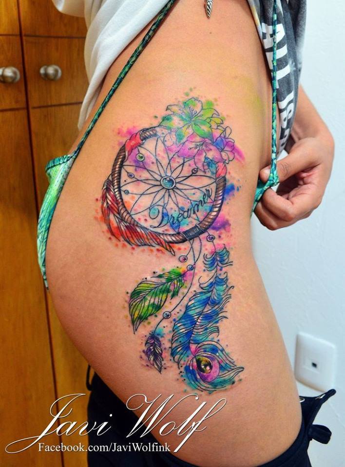 Watercolor Dreamcatcher Tattoo On Side Leg by Javi Wolf