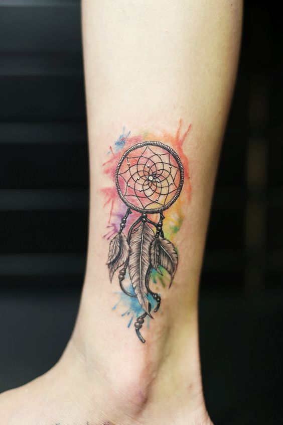 Watercolor Dreamcatcher Tattoo On Side Leg