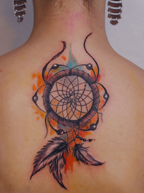 Watercolor Dreamcatcher Tattoo On Upper Back For Girls