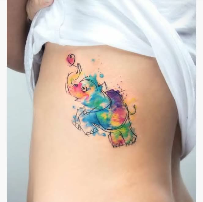Watercolor Elephant Tattoo On Girl Left Side Rib