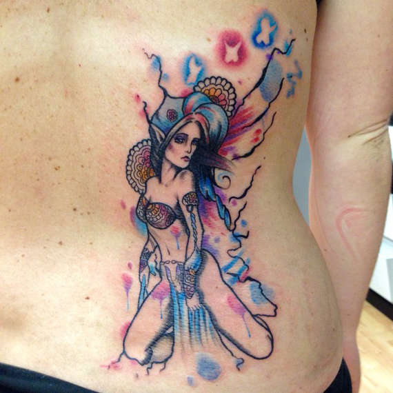 Watercolor Fairy Tattoo On Man Lower Back