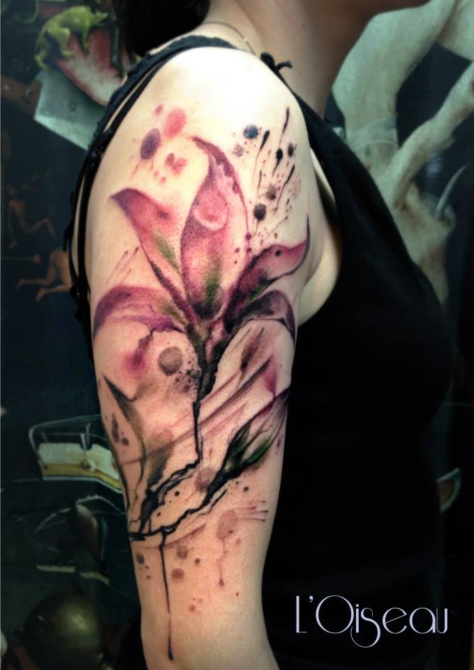 Watercolor Lily Flower Tattoo On Right Half Sleeve