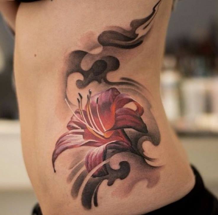 Watercolor Lily Tattoo On Girl Side Rib