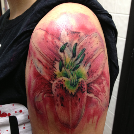 Watercolor Lily Tattoo On Left Shoulder