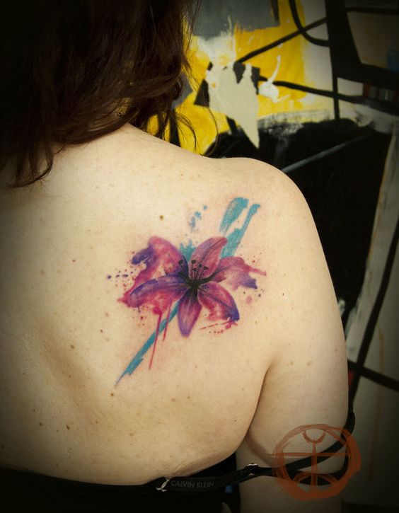 Watercolor Lily Tattoo On Right Back Shoulder