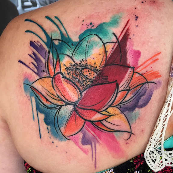 Watercolor Lotus Flower In Water Tattoo On Left Back Shoulder