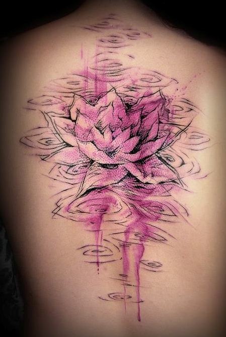 Watercolor Lotus Flower In Water Tattoo On Upper Back