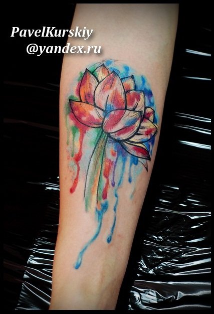 Watercolor Lotus Flower Tattoo On Forearm By PavelKurskiy