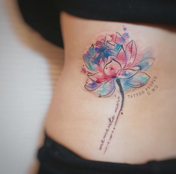Watercolor Lotus Flower Tattoo On Girl Lower Back