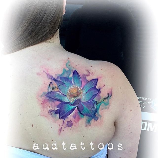 Watercolor Lotus Flower Tattoo On Girl Right Back Shoulder