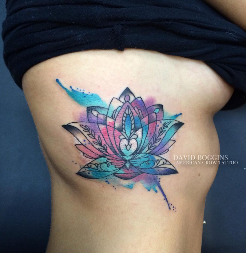 Watercolor Lotus Flower Tattoo On Girl Right Side Rib
