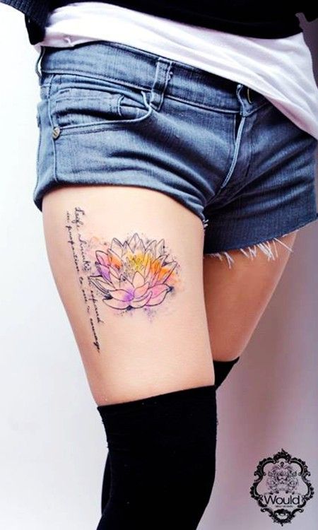 Watercolor Lotus Flower Tattoo On Girl Right Thigh