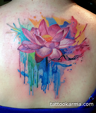 Watercolor Lotus Flower Tattoo On Girl Upper Back