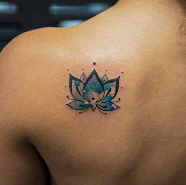 Watercolor Lotus Flower Tattoo On Left Back Shoulder By Georgia Grey