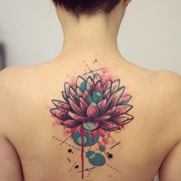 Watercolor Lotus Flower Tattoo On Man Upper Back
