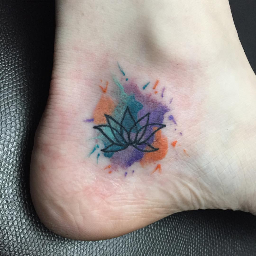 Watercolor Lotus Flower Tattoo On Right Ankle