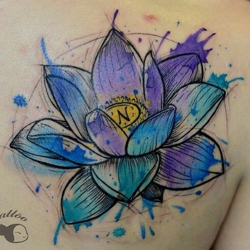 Watercolor Lotus Flower Tattoo On Right Back Shoulder
