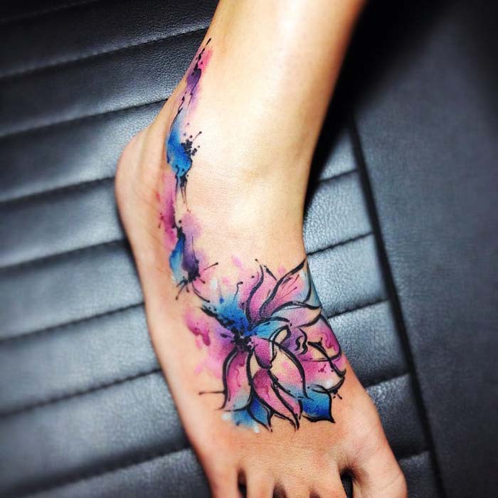 Watercolor Lotus Flower Tattoo On Right Foot