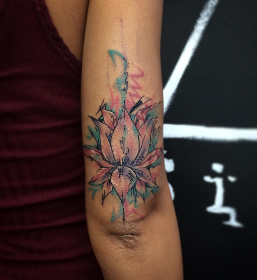 Watercolor Lotus Flower Tattoo On Right Half Sleeve