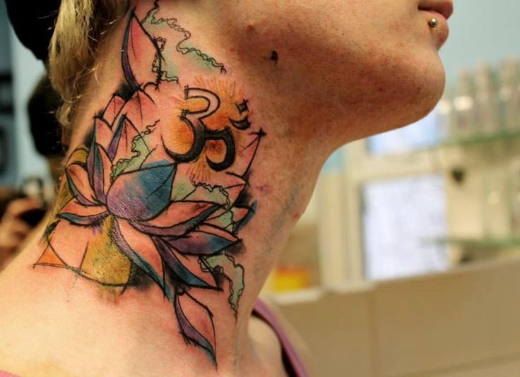 Watercolor Lotus Flower Tattoo On Right Side Neck