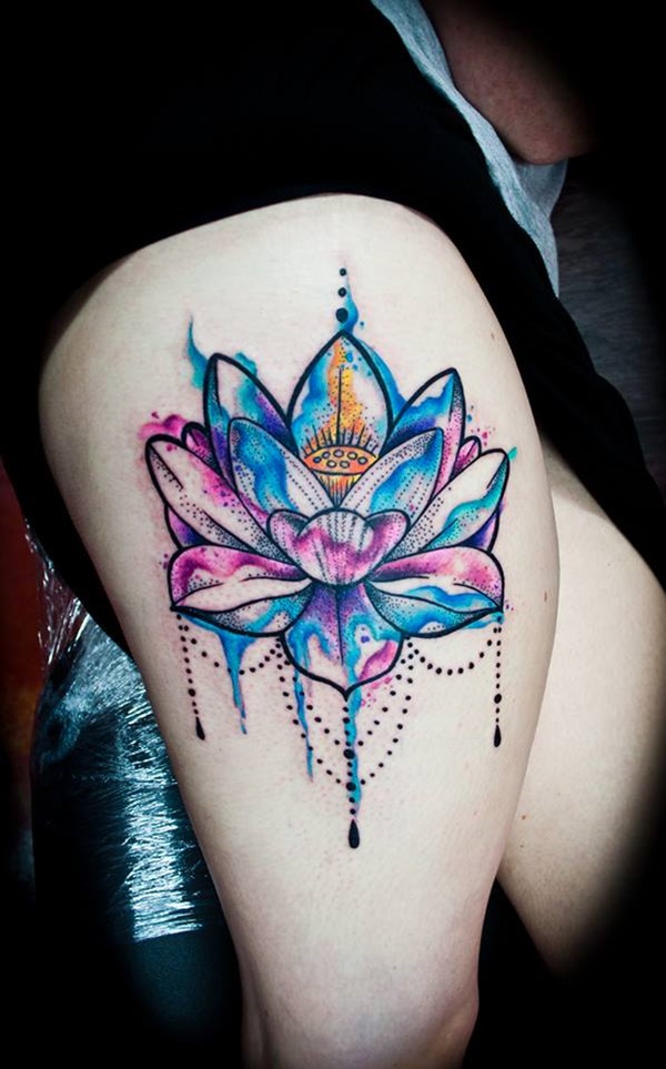 Watercolor Lotus Flower Tattoo On Right Thigh