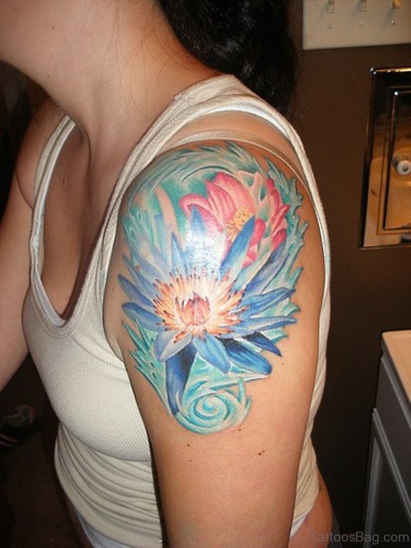 Watercolor Lotus Tattoo On Left Shoulder